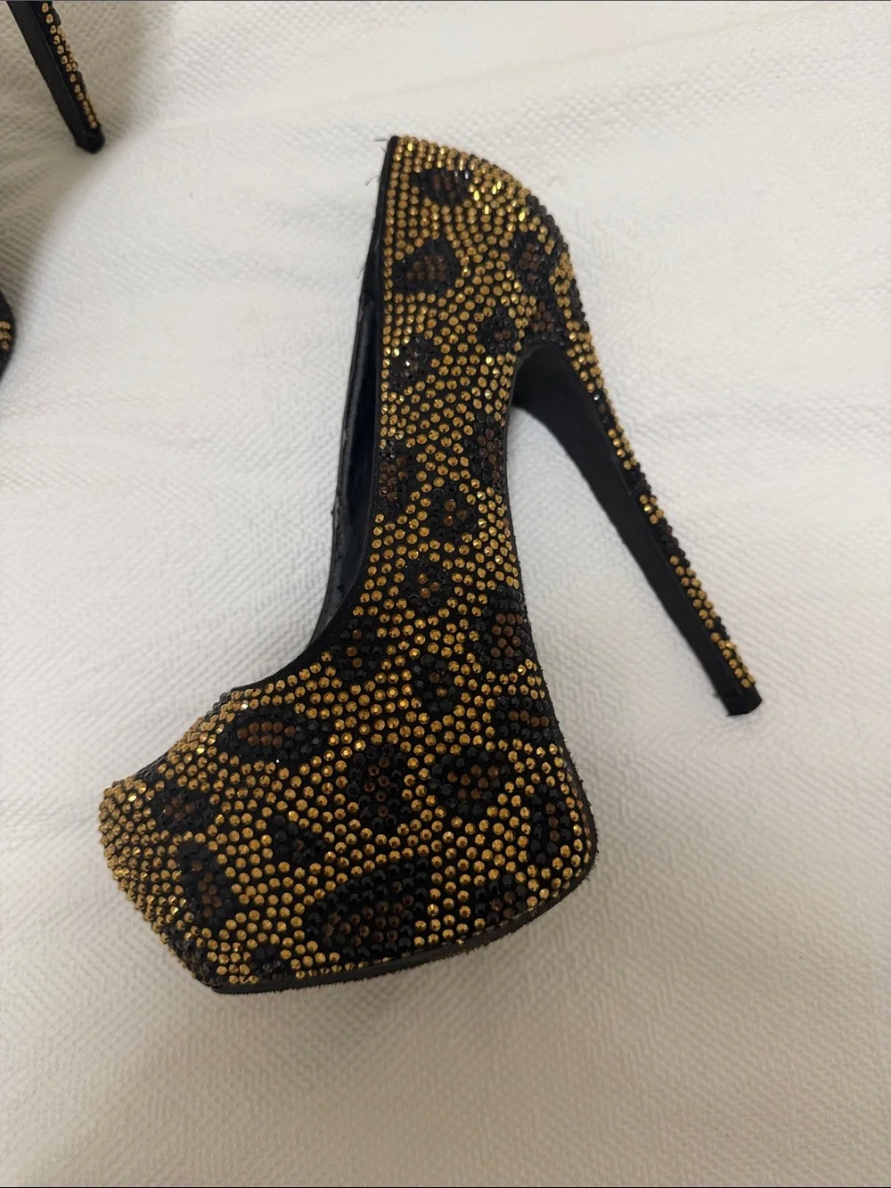 Steve Madden Gold and Black Leopard Crystal Platform Pumps